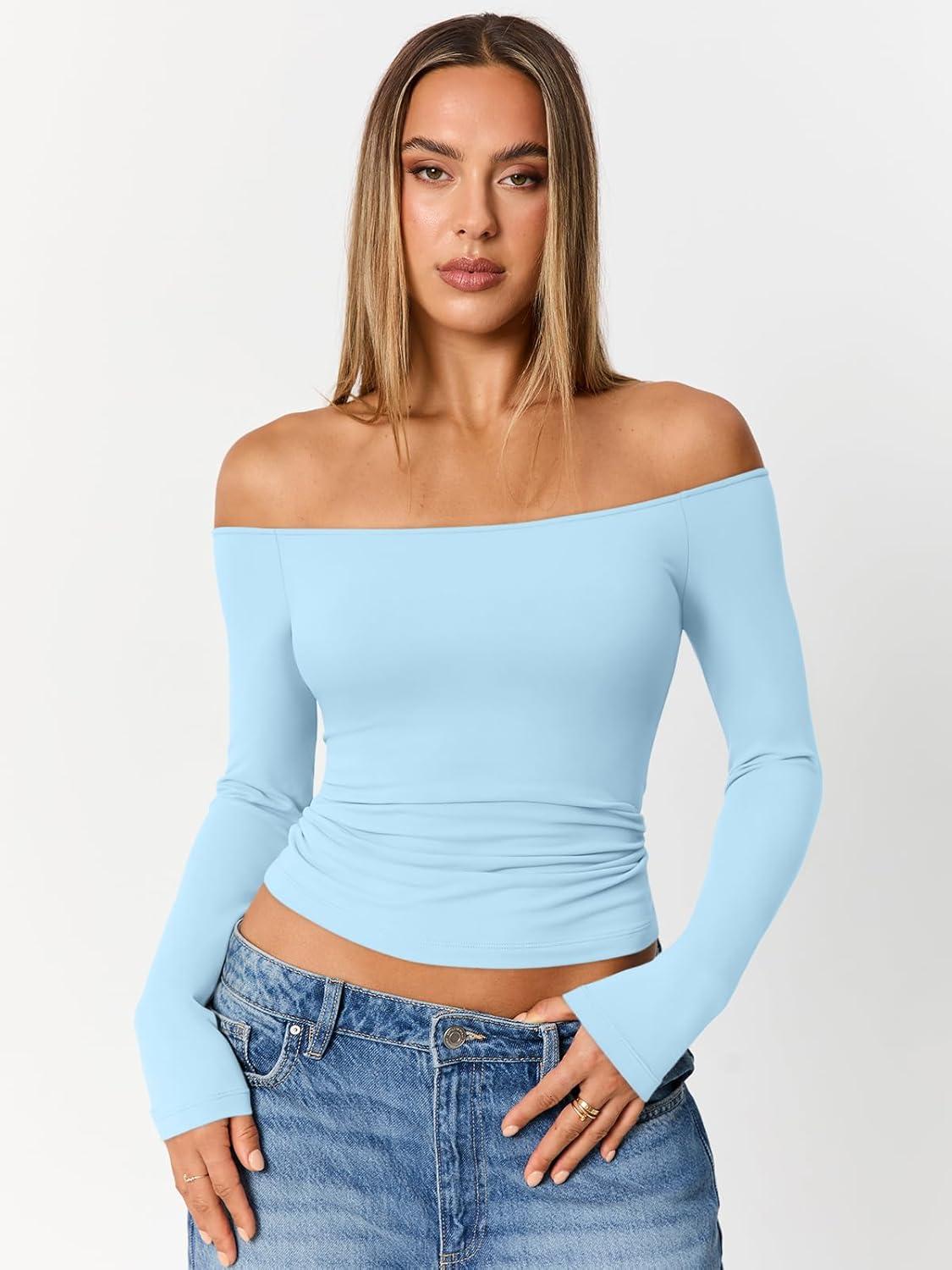 imageTrendy Queen Womens Long Sleeve Off The Shoulder Tops Going Out Cute Basic Y2K Fall Fashion 2025 Outfits ClothesSky Blue