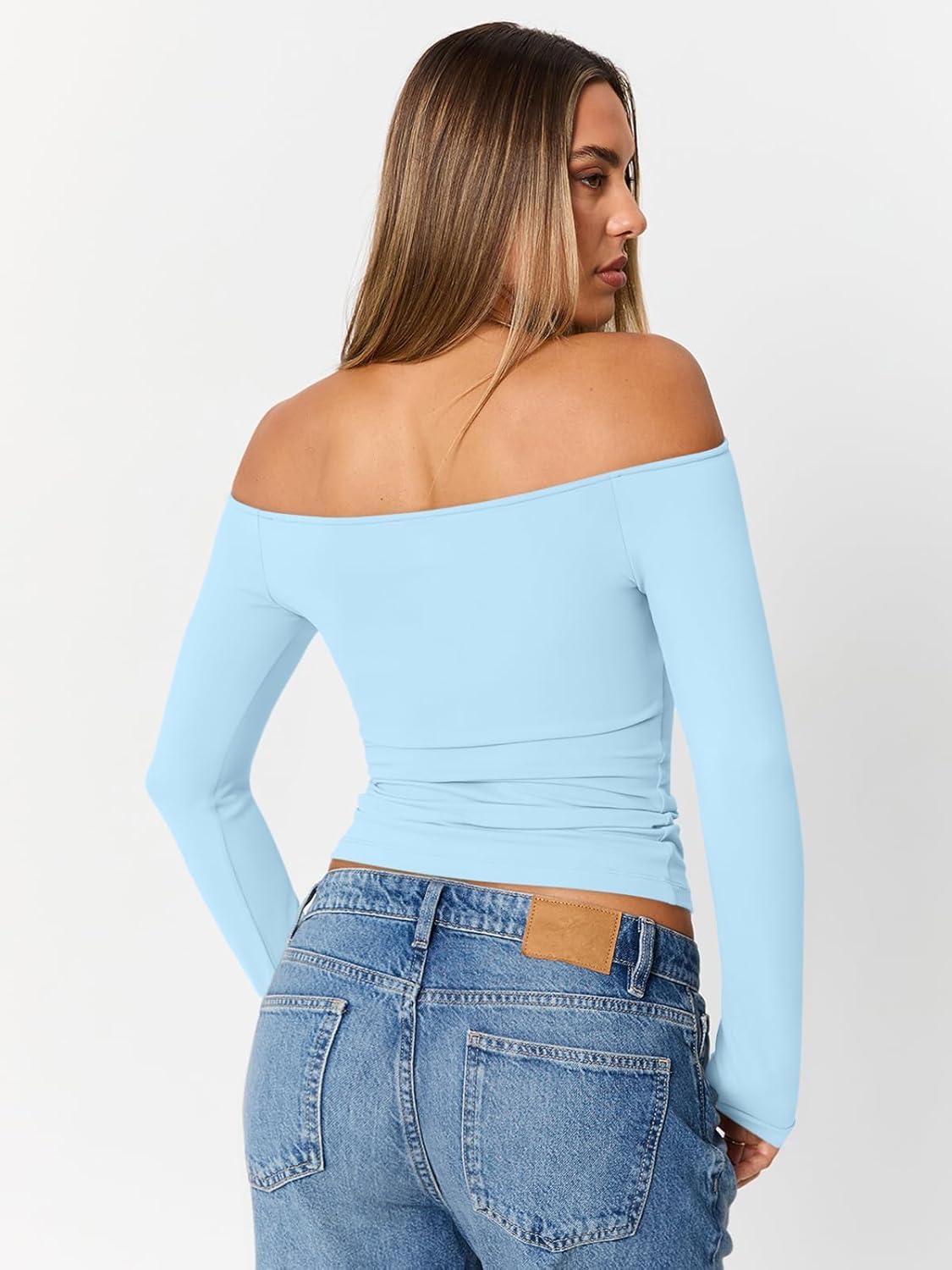 imageTrendy Queen Womens Long Sleeve Off The Shoulder Tops Going Out Cute Basic Y2K Fall Fashion 2025 Outfits ClothesSky Blue