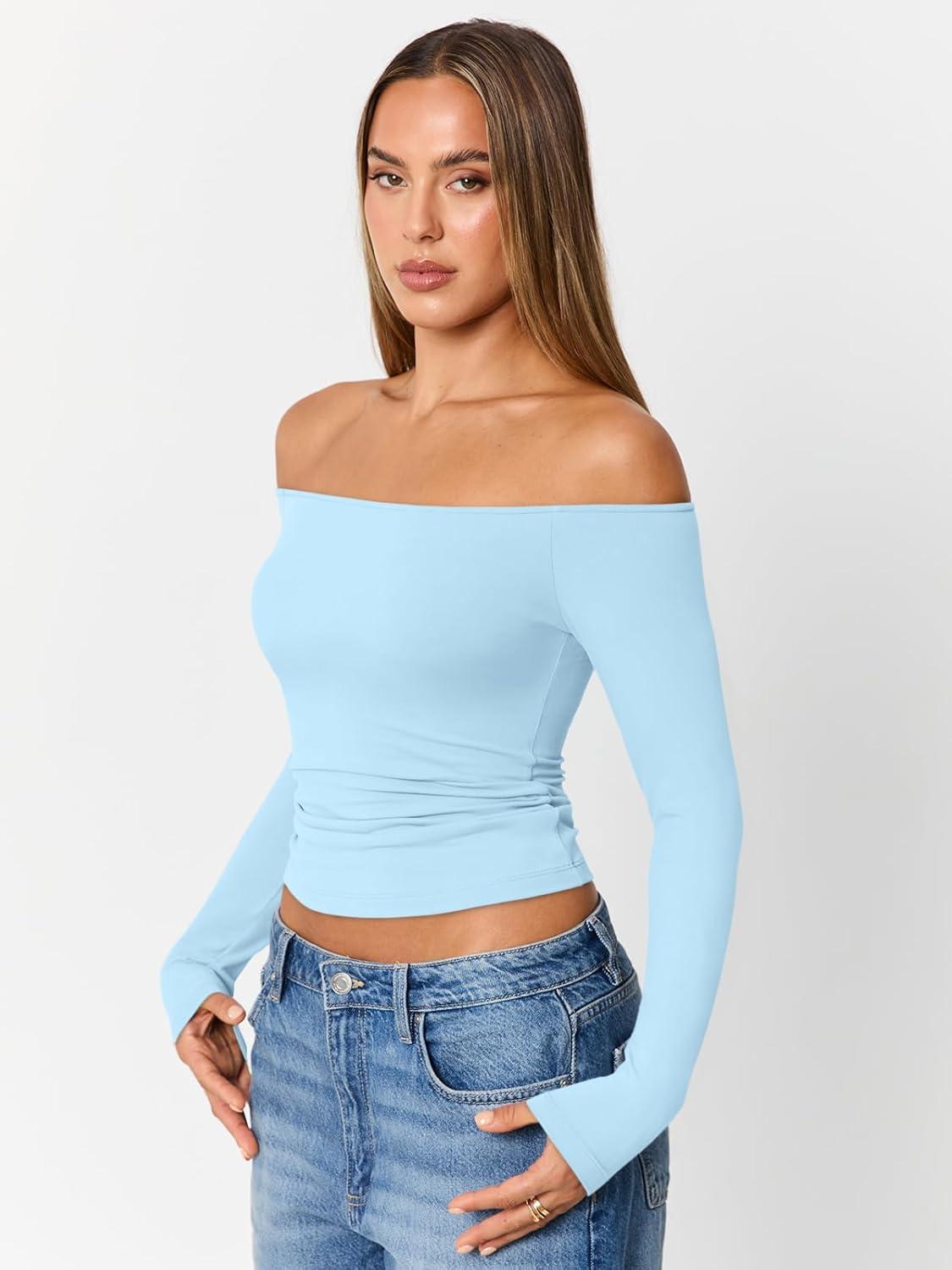 imageTrendy Queen Womens Long Sleeve Off The Shoulder Tops Going Out Cute Basic Y2K Fall Fashion 2025 Outfits ClothesSky Blue