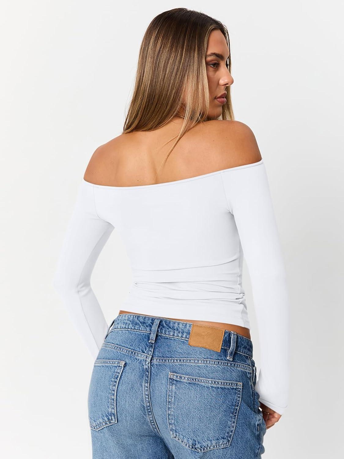 imageTrendy Queen Womens Long Sleeve Off The Shoulder Tops Going Out Cute Basic Y2K Fall Fashion 2025 Outfits ClothesWhite