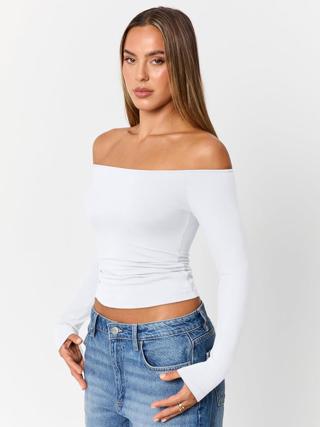 imageTrendy Queen Womens Long Sleeve Off The Shoulder Tops Going Out Cute Basic Y2K Fall Fashion 2025 Outfits ClothesWhite