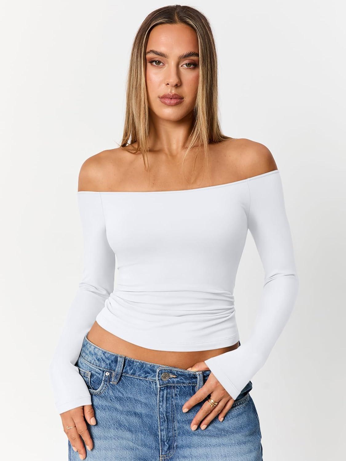 imageTrendy Queen Womens Long Sleeve Off The Shoulder Tops Going Out Cute Basic Y2K Fall Fashion 2025 Outfits ClothesWhite