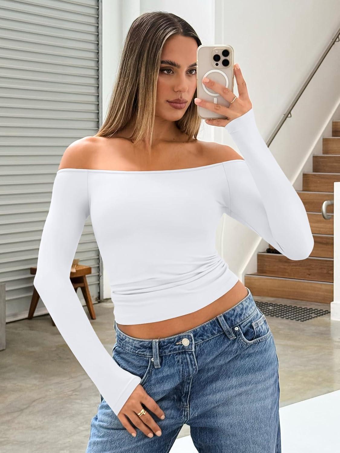 imageTrendy Queen Womens Long Sleeve Off The Shoulder Tops Going Out Cute Basic Y2K Fall Fashion 2025 Outfits ClothesWhite