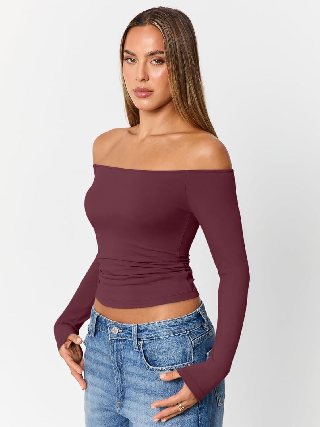 imageTrendy Queen Womens Long Sleeve Off The Shoulder Tops Going Out Cute Basic Y2K Fall Fashion 2025 Outfits ClothesWine