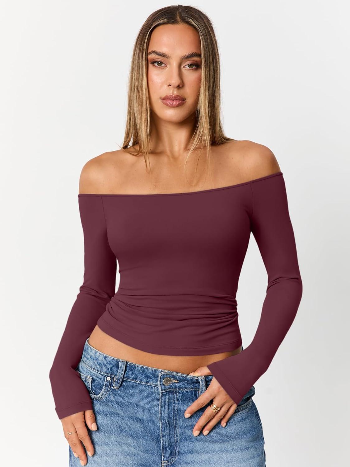 imageTrendy Queen Womens Long Sleeve Off The Shoulder Tops Going Out Cute Basic Y2K Fall Fashion 2025 Outfits ClothesWine