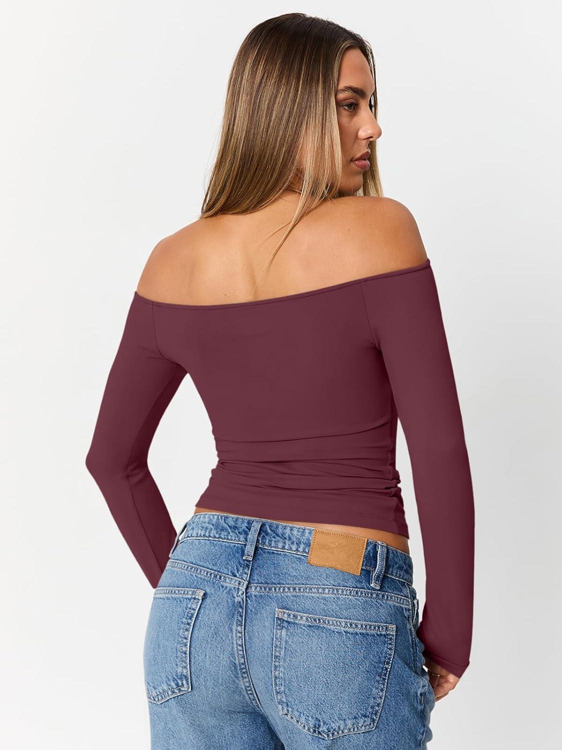 imageTrendy Queen Womens Long Sleeve Off The Shoulder Tops Going Out Cute Basic Y2K Fall Fashion 2025 Outfits ClothesWine
