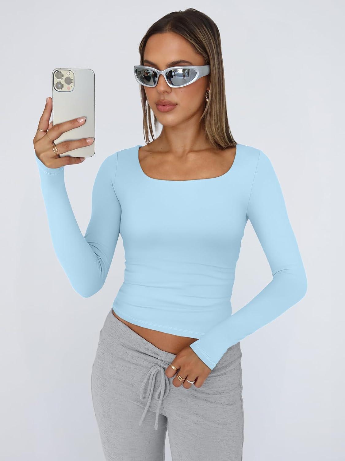 imageTrendy Queen Womens Long Sleeve Shirts Crop Tops Fall Fashion 2025 Square Neck Going Out Basics Tees Y2k ClothesBaby Blue