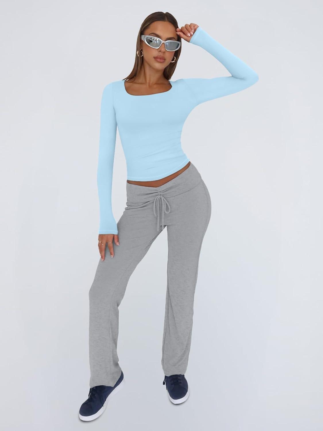 imageTrendy Queen Womens Long Sleeve Shirts Crop Tops Fall Fashion 2025 Square Neck Going Out Basics Tees Y2k ClothesBaby Blue