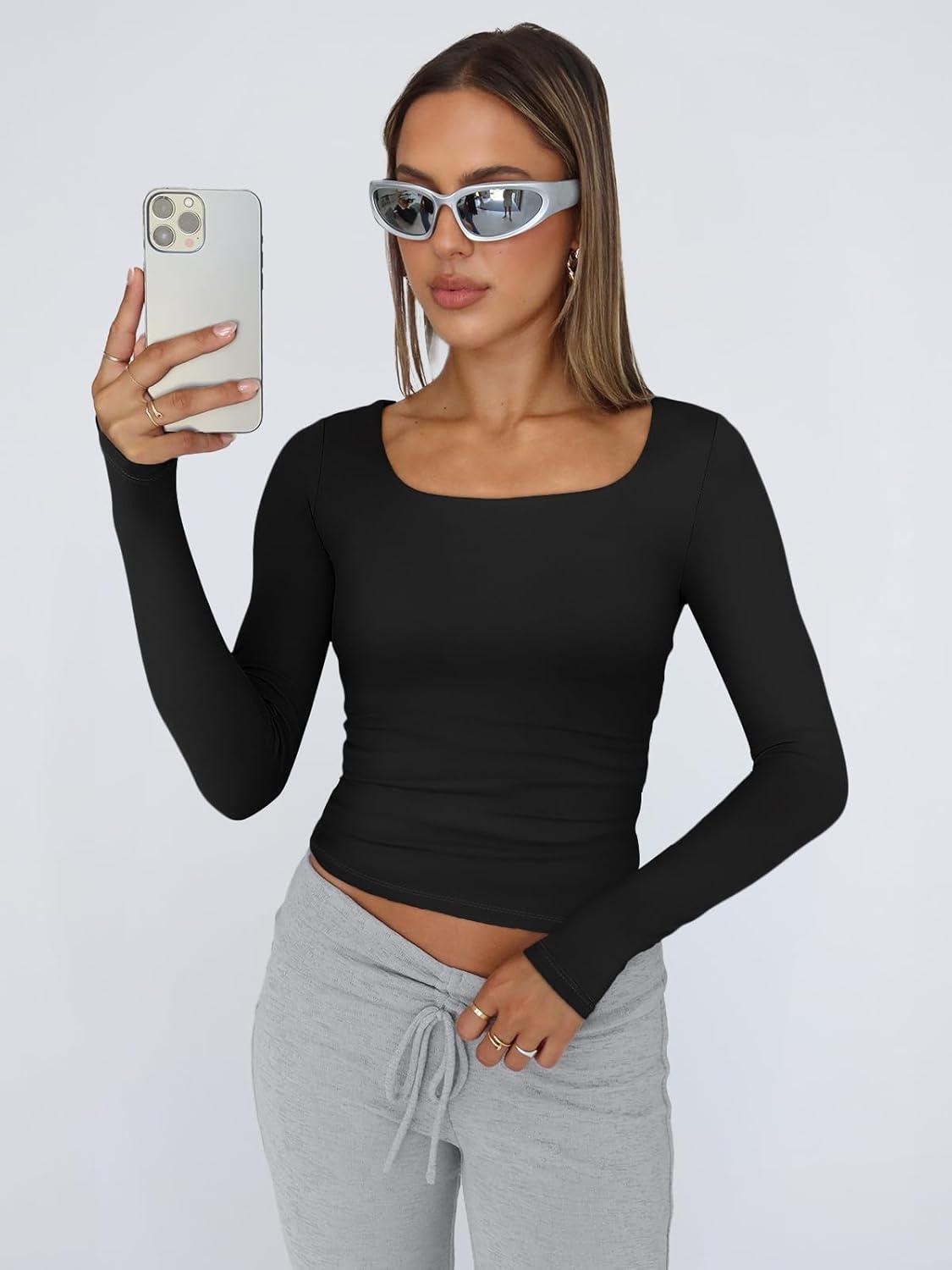 imageTrendy Queen Womens Long Sleeve Shirts Crop Tops Fall Fashion 2025 Square Neck Going Out Basics Tees Y2k ClothesBlack