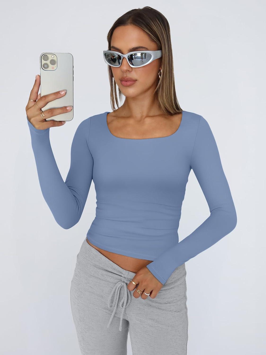 imageTrendy Queen Womens Long Sleeve Shirts Crop Tops Fall Fashion 2025 Square Neck Going Out Basics Tees Y2k ClothesBlue Gray