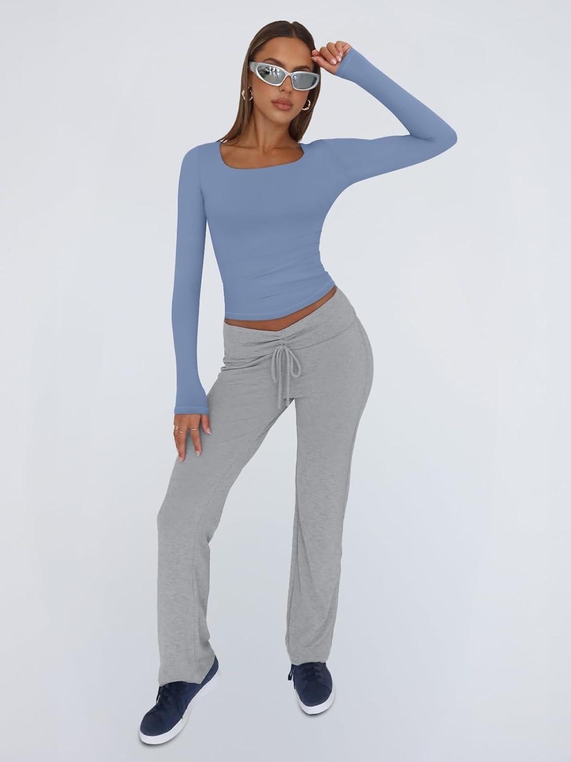 imageTrendy Queen Womens Long Sleeve Shirts Crop Tops Fall Fashion 2025 Square Neck Going Out Basics Tees Y2k ClothesBlue Gray