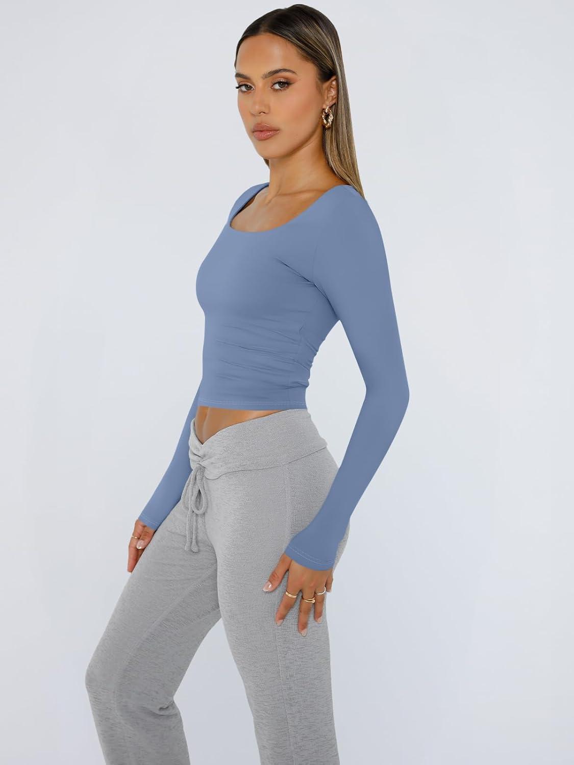 imageTrendy Queen Womens Long Sleeve Shirts Crop Tops Fall Fashion 2025 Square Neck Going Out Basics Tees Y2k ClothesBlue Gray