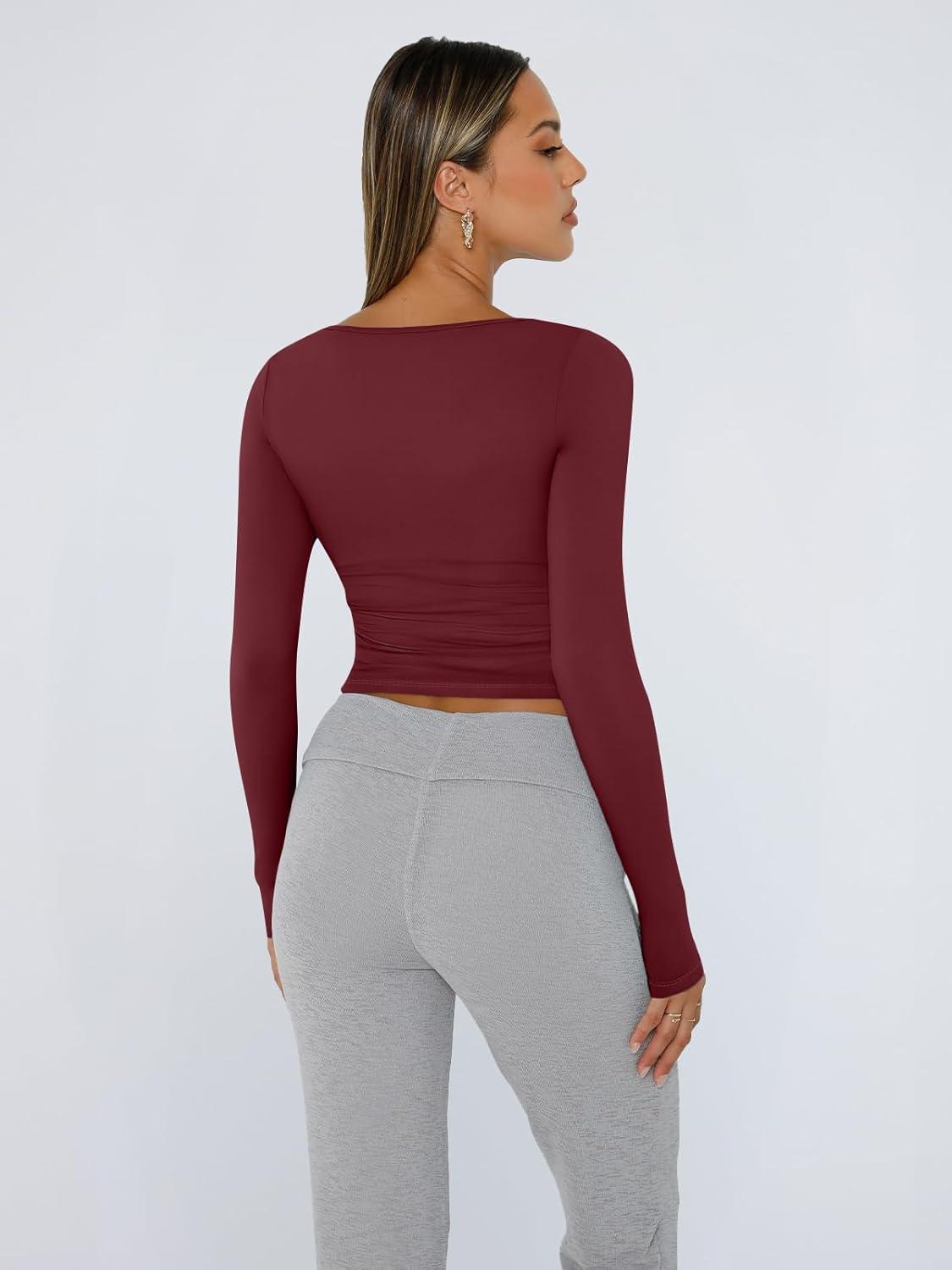 imageTrendy Queen Womens Long Sleeve Shirts Crop Tops Fall Fashion 2025 Square Neck Going Out Basics Tees Y2k ClothesBurgundy