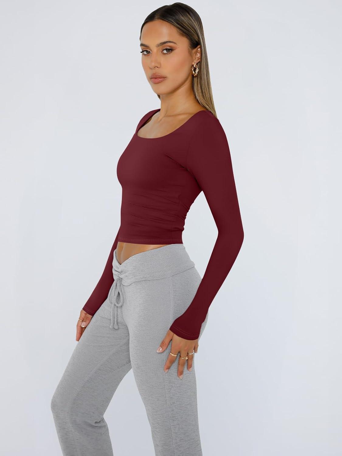 imageTrendy Queen Womens Long Sleeve Shirts Crop Tops Fall Fashion 2025 Square Neck Going Out Basics Tees Y2k ClothesBurgundy