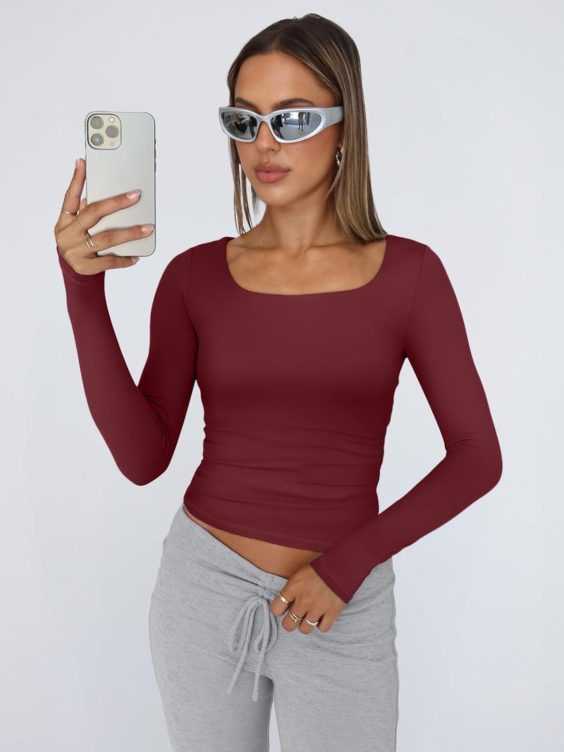 imageTrendy Queen Womens Long Sleeve Shirts Crop Tops Fall Fashion 2025 Square Neck Going Out Basics Tees Y2k ClothesBurgundy
