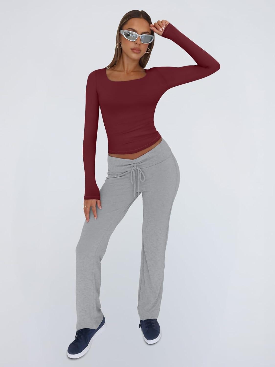 imageTrendy Queen Womens Long Sleeve Shirts Crop Tops Fall Fashion 2025 Square Neck Going Out Basics Tees Y2k ClothesBurgundy