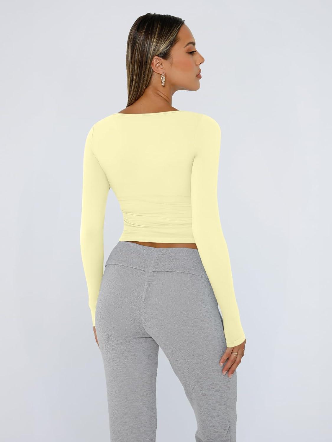 imageTrendy Queen Womens Long Sleeve Shirts Crop Tops Fall Fashion 2025 Square Neck Going Out Basics Tees Y2k ClothesCreamy Yellow