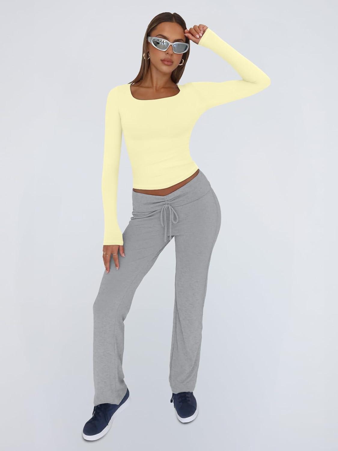 imageTrendy Queen Womens Long Sleeve Shirts Crop Tops Fall Fashion 2025 Square Neck Going Out Basics Tees Y2k ClothesCreamy Yellow