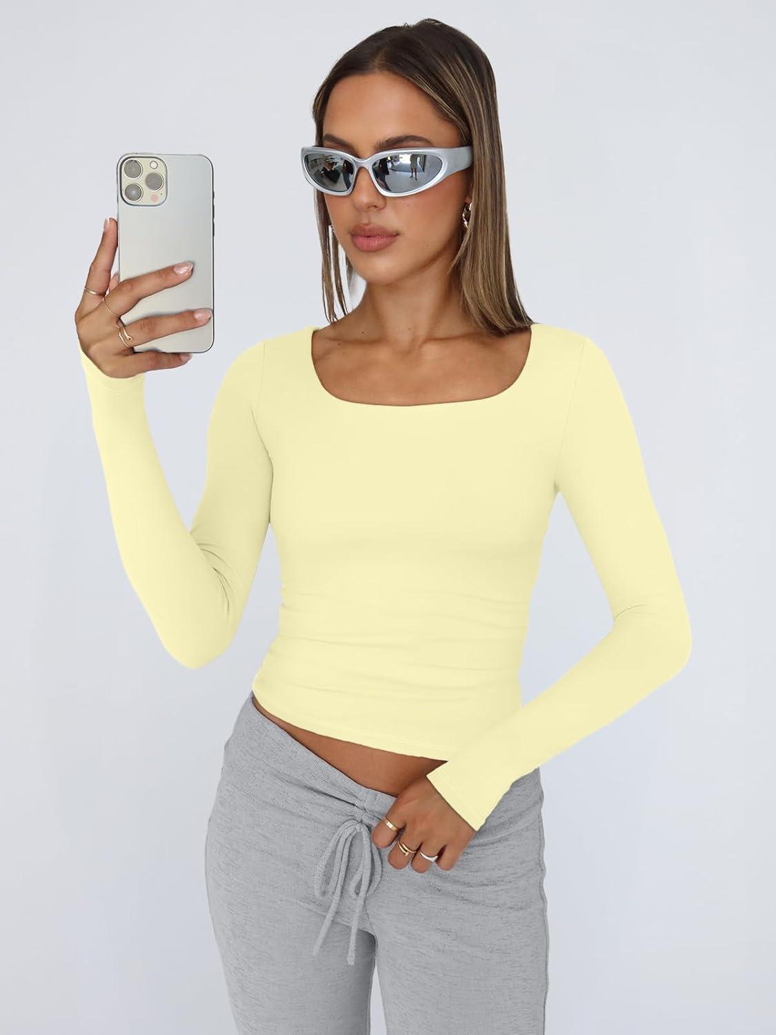 imageTrendy Queen Womens Long Sleeve Shirts Crop Tops Fall Fashion 2025 Square Neck Going Out Basics Tees Y2k ClothesCreamy Yellow