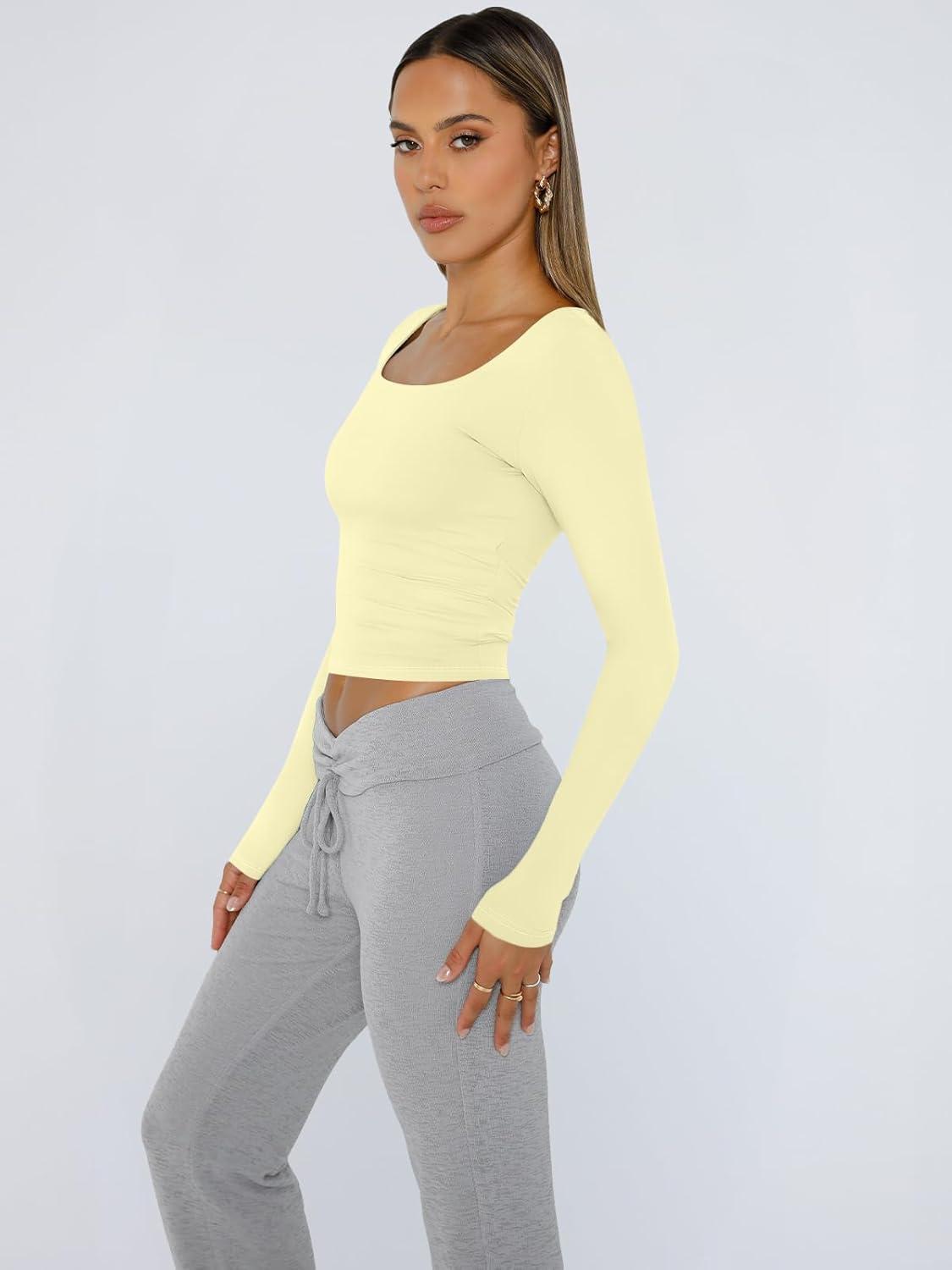 imageTrendy Queen Womens Long Sleeve Shirts Crop Tops Fall Fashion 2025 Square Neck Going Out Basics Tees Y2k ClothesCreamy Yellow