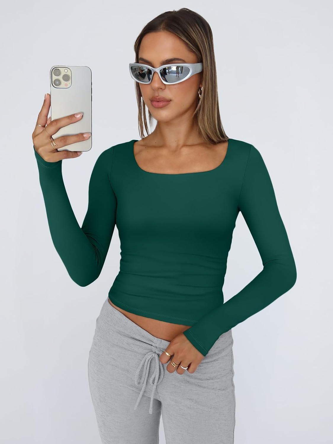 imageTrendy Queen Womens Long Sleeve Shirts Crop Tops Fall Fashion 2025 Square Neck Going Out Basics Tees Y2k ClothesDark Green
