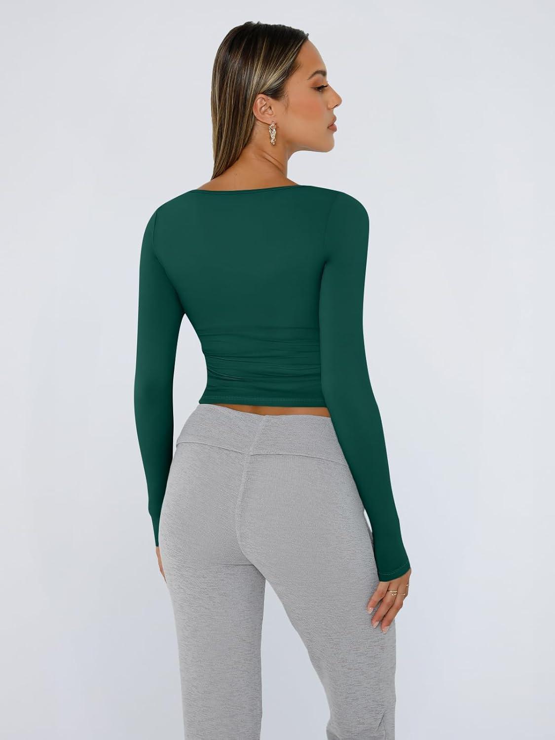 imageTrendy Queen Womens Long Sleeve Shirts Crop Tops Fall Fashion 2025 Square Neck Going Out Basics Tees Y2k ClothesDark Green