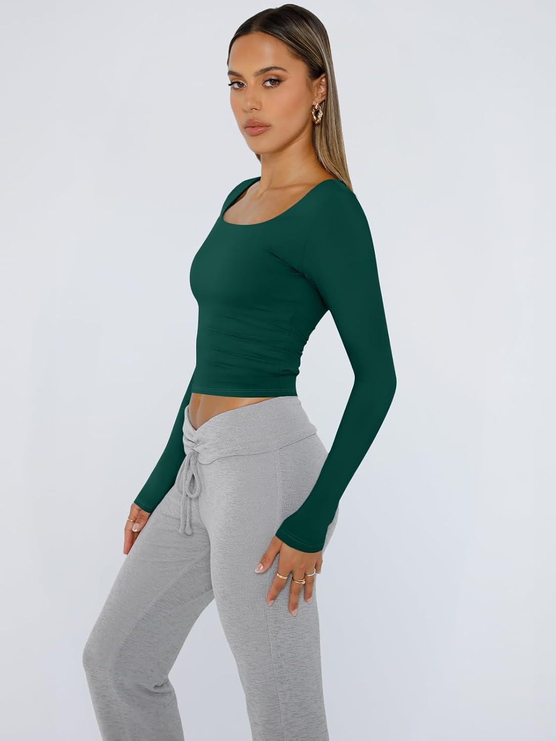 imageTrendy Queen Womens Long Sleeve Shirts Crop Tops Fall Fashion 2025 Square Neck Going Out Basics Tees Y2k ClothesDark Green