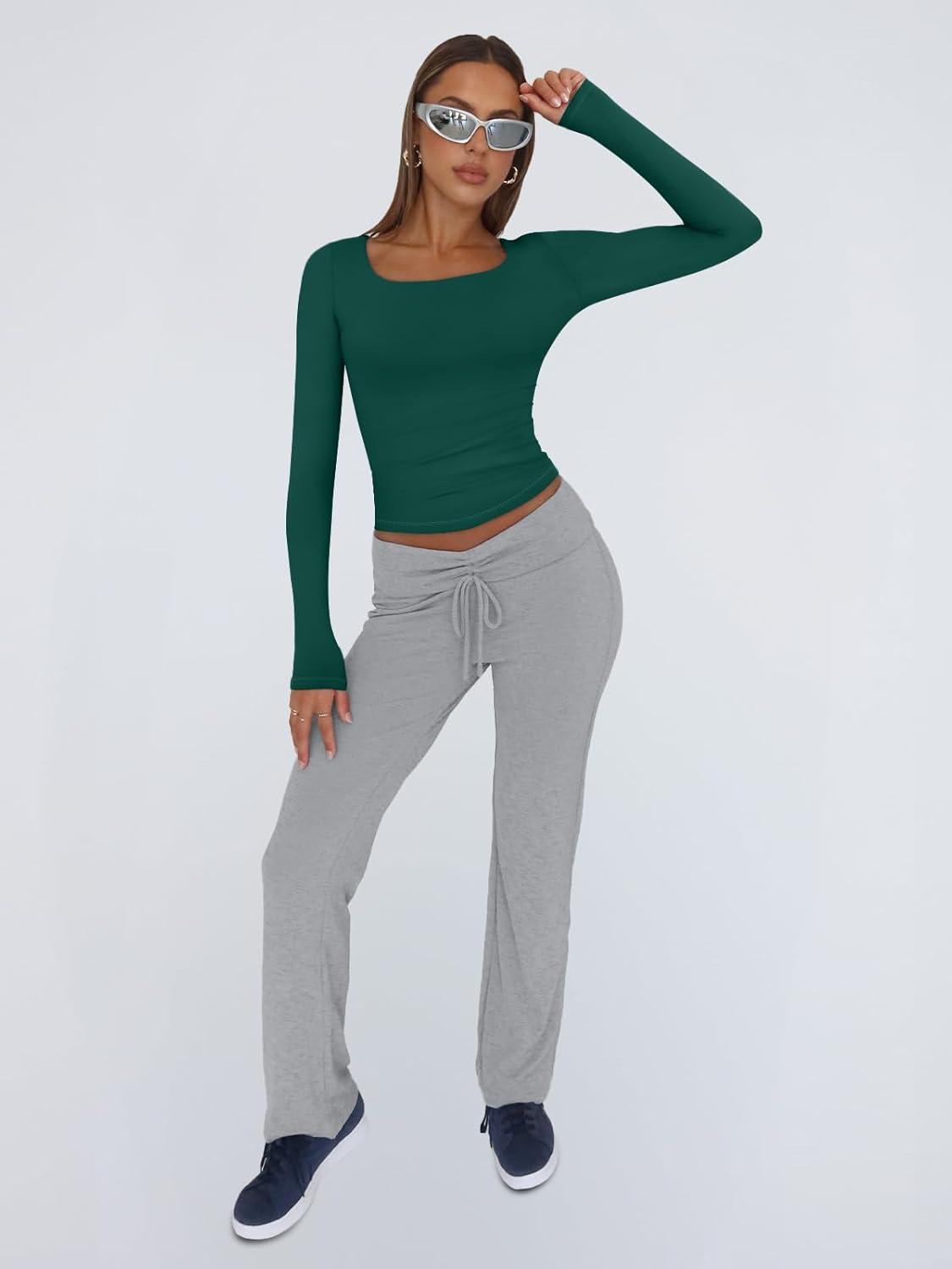 imageTrendy Queen Womens Long Sleeve Shirts Crop Tops Fall Fashion 2025 Square Neck Going Out Basics Tees Y2k ClothesDark Green