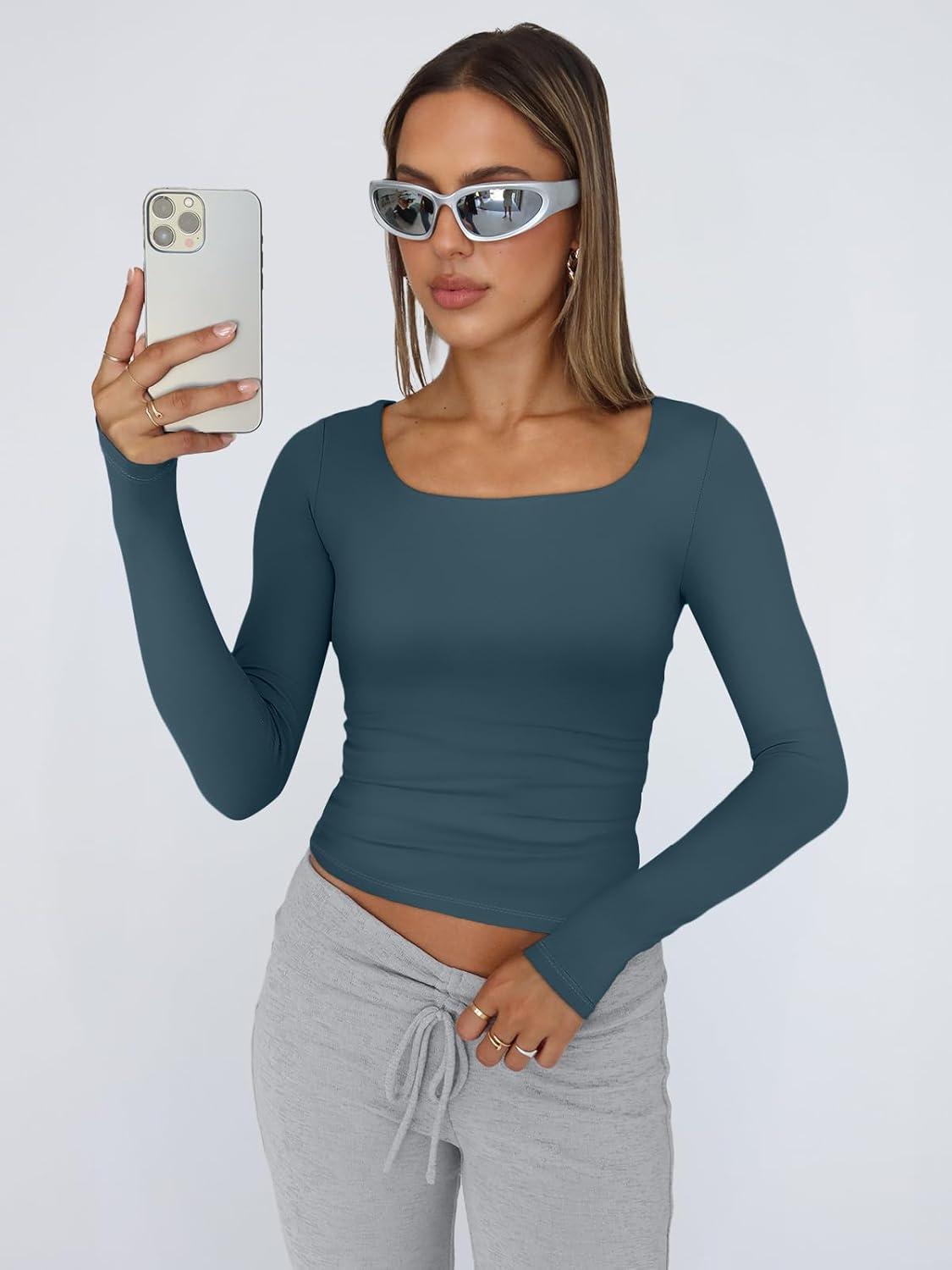 imageTrendy Queen Womens Long Sleeve Shirts Crop Tops Fall Fashion 2025 Square Neck Going Out Basics Tees Y2k ClothesHaze Blue