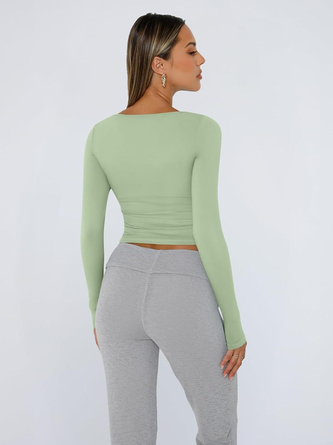 imageTrendy Queen Womens Long Sleeve Shirts Crop Tops Fall Fashion 2025 Square Neck Going Out Basics Tees Y2k ClothesLight Green