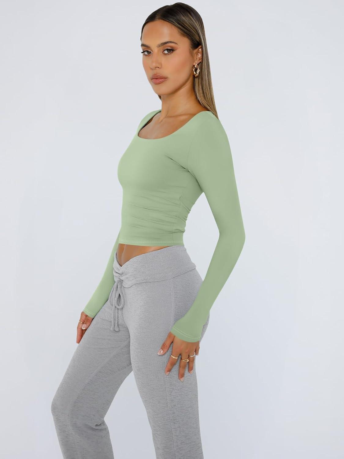 imageTrendy Queen Womens Long Sleeve Shirts Crop Tops Fall Fashion 2025 Square Neck Going Out Basics Tees Y2k ClothesLight Green