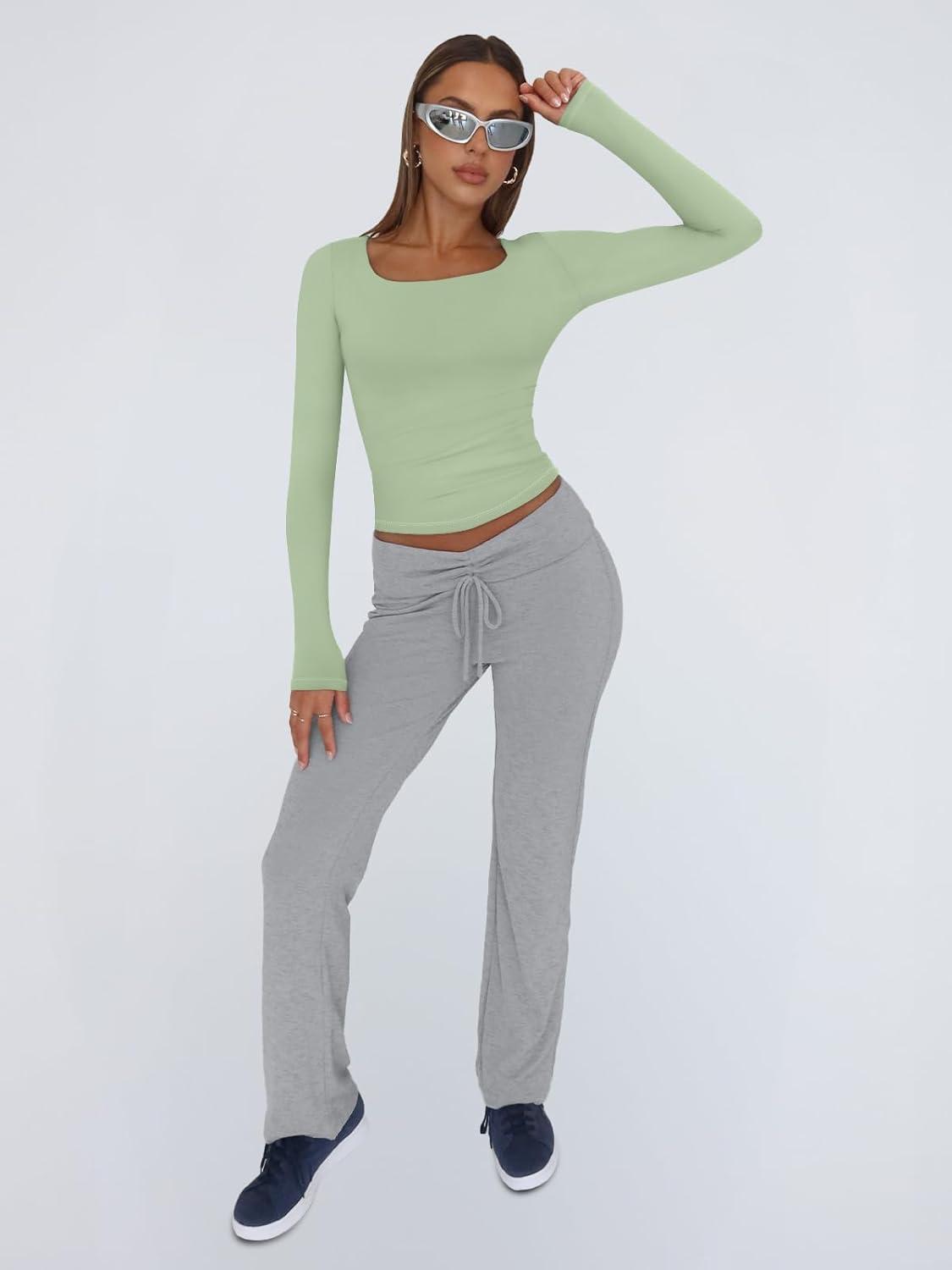 imageTrendy Queen Womens Long Sleeve Shirts Crop Tops Fall Fashion 2025 Square Neck Going Out Basics Tees Y2k ClothesLight Green