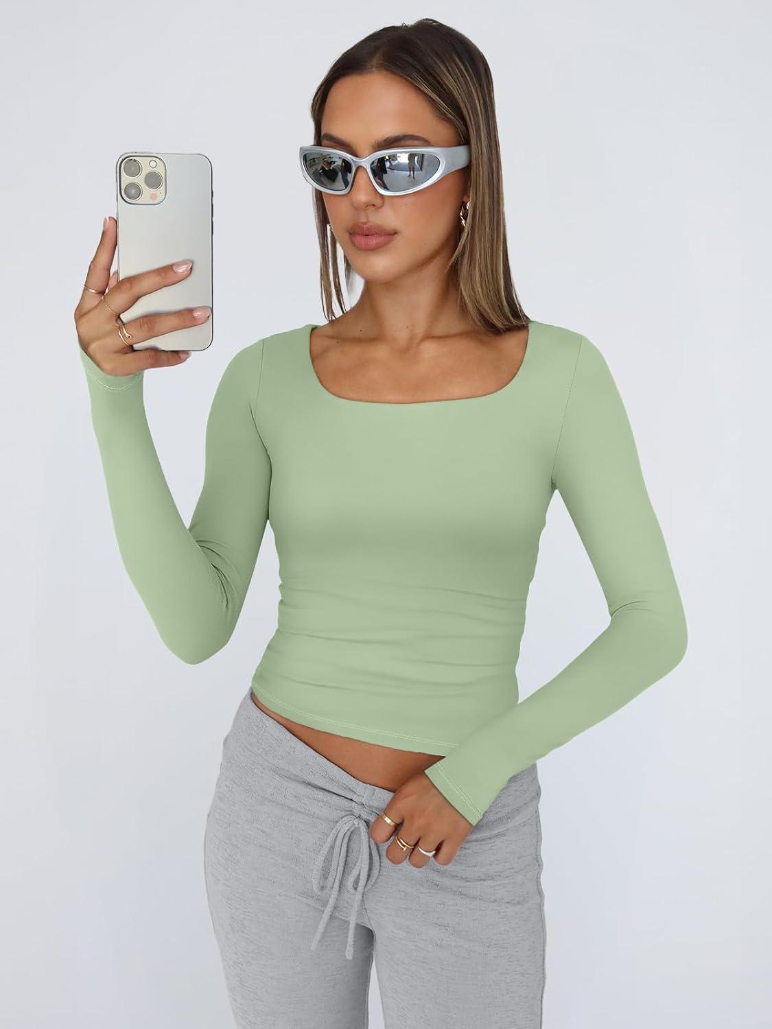imageTrendy Queen Womens Long Sleeve Shirts Crop Tops Fall Fashion 2025 Square Neck Going Out Basics Tees Y2k ClothesLight Green