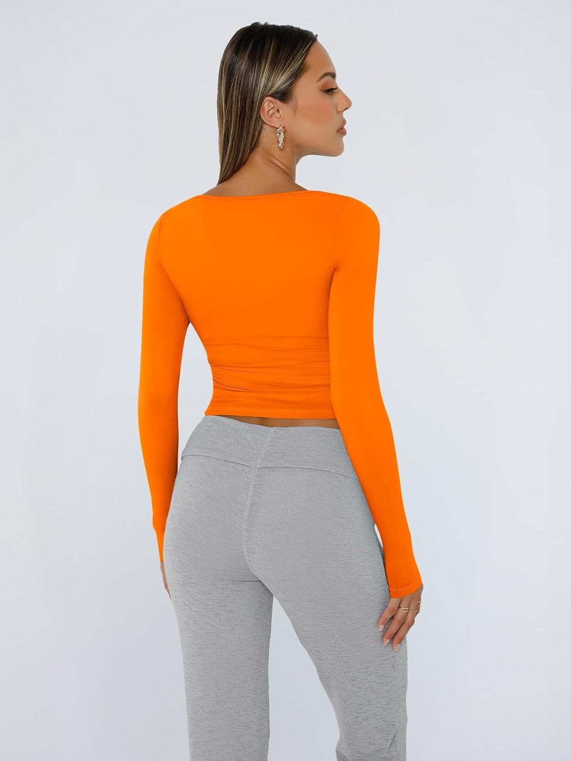 imageTrendy Queen Womens Long Sleeve Shirts Crop Tops Fall Fashion 2025 Square Neck Going Out Basics Tees Y2k ClothesOrange