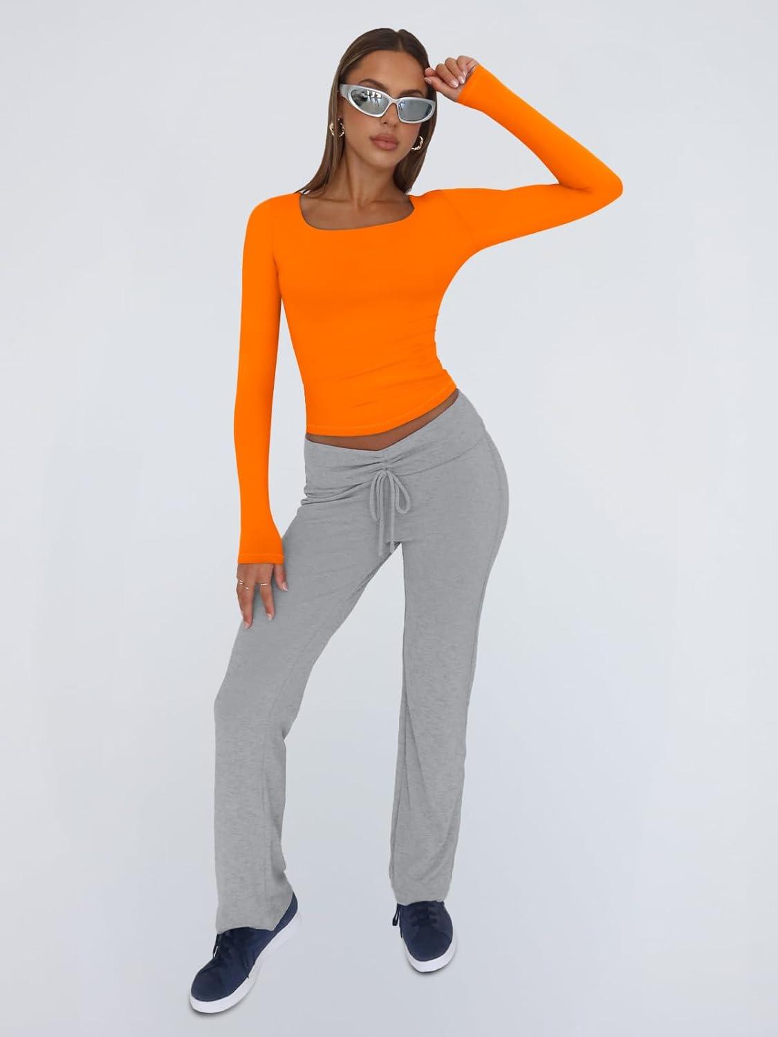 imageTrendy Queen Womens Long Sleeve Shirts Crop Tops Fall Fashion 2025 Square Neck Going Out Basics Tees Y2k ClothesOrange