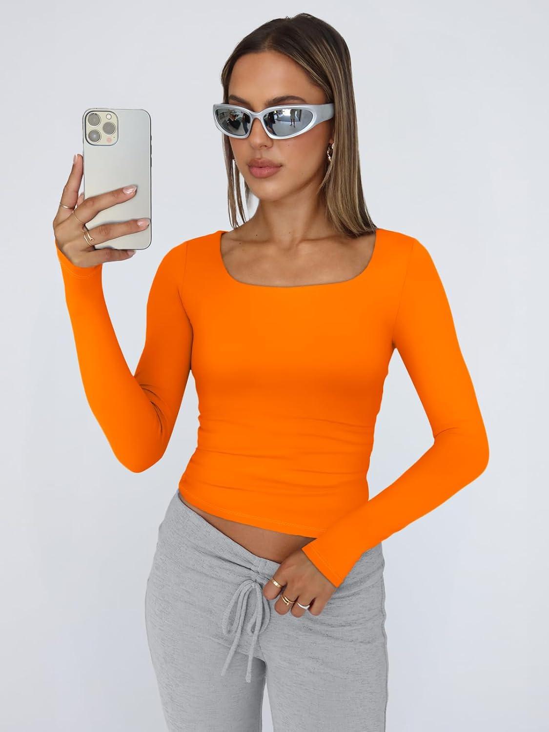 imageTrendy Queen Womens Long Sleeve Shirts Crop Tops Fall Fashion 2025 Square Neck Going Out Basics Tees Y2k ClothesOrange