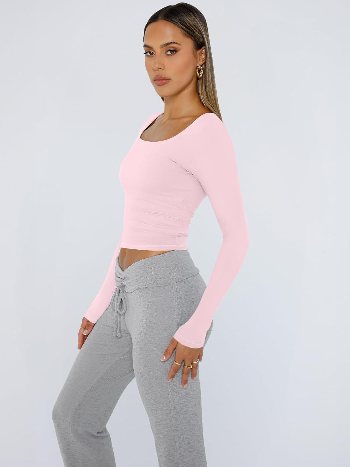 imageTrendy Queen Womens Long Sleeve Shirts Crop Tops Fall Fashion 2025 Square Neck Going Out Basics Tees Y2k ClothesPink