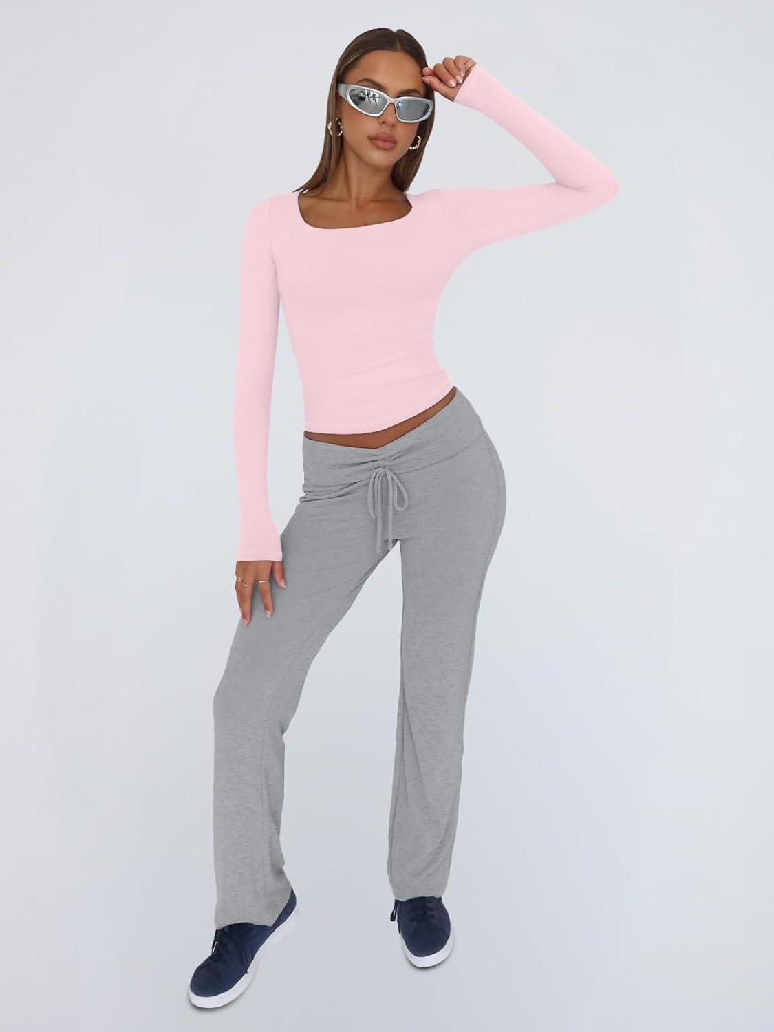 imageTrendy Queen Womens Long Sleeve Shirts Crop Tops Fall Fashion 2025 Square Neck Going Out Basics Tees Y2k ClothesPink