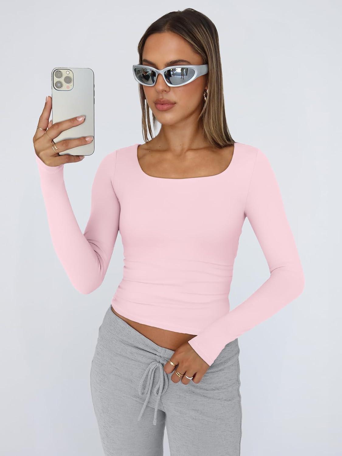 imageTrendy Queen Womens Long Sleeve Shirts Crop Tops Fall Fashion 2025 Square Neck Going Out Basics Tees Y2k ClothesPink