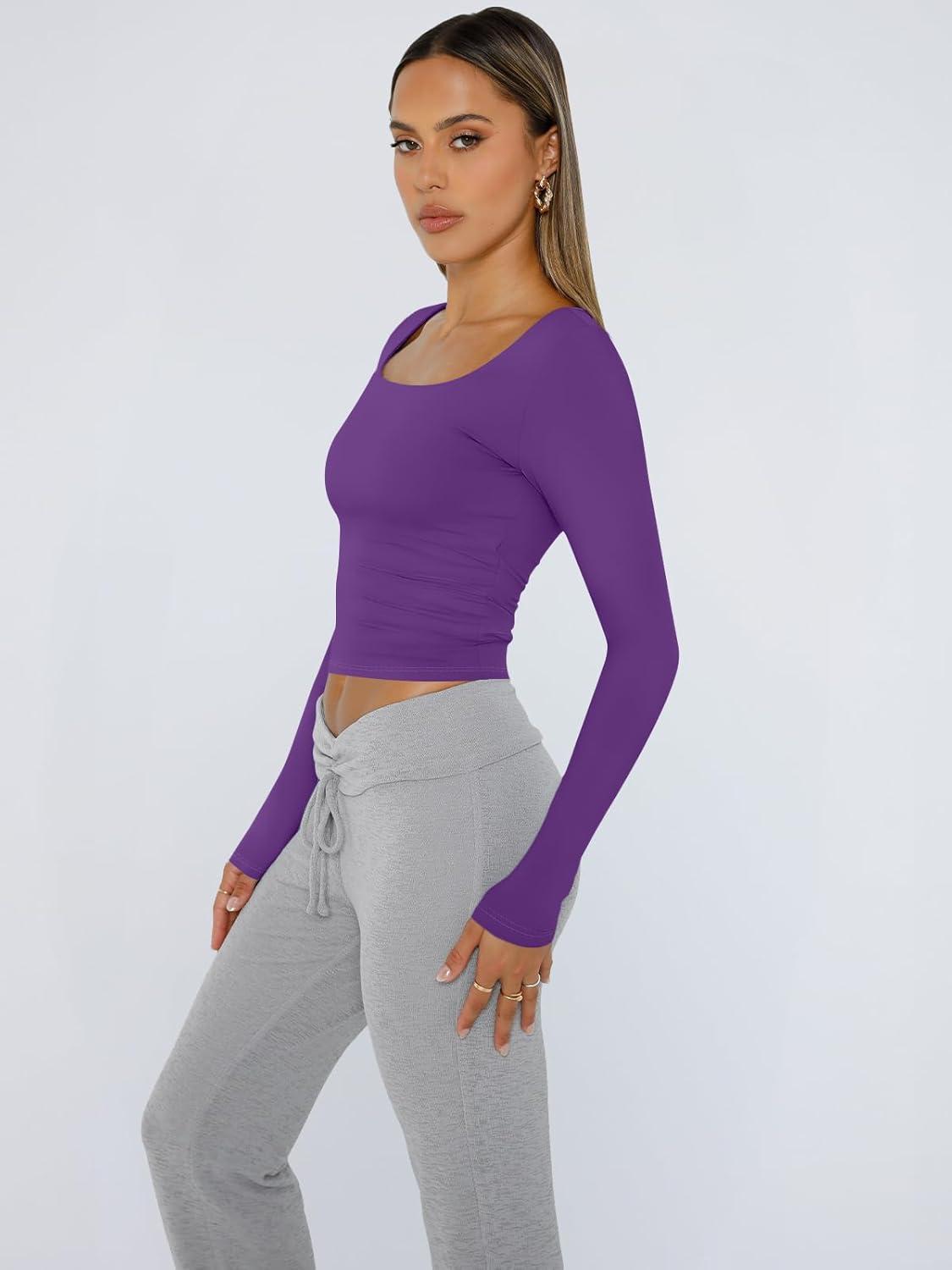 imageTrendy Queen Womens Long Sleeve Shirts Crop Tops Fall Fashion 2025 Square Neck Going Out Basics Tees Y2k ClothesPurple