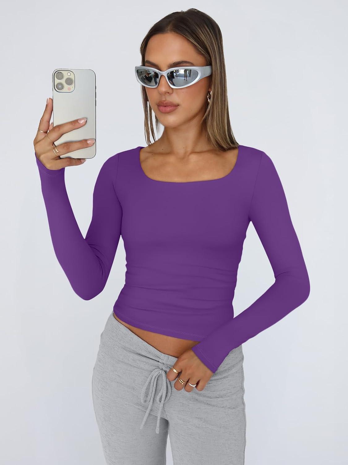 imageTrendy Queen Womens Long Sleeve Shirts Crop Tops Fall Fashion 2025 Square Neck Going Out Basics Tees Y2k ClothesPurple