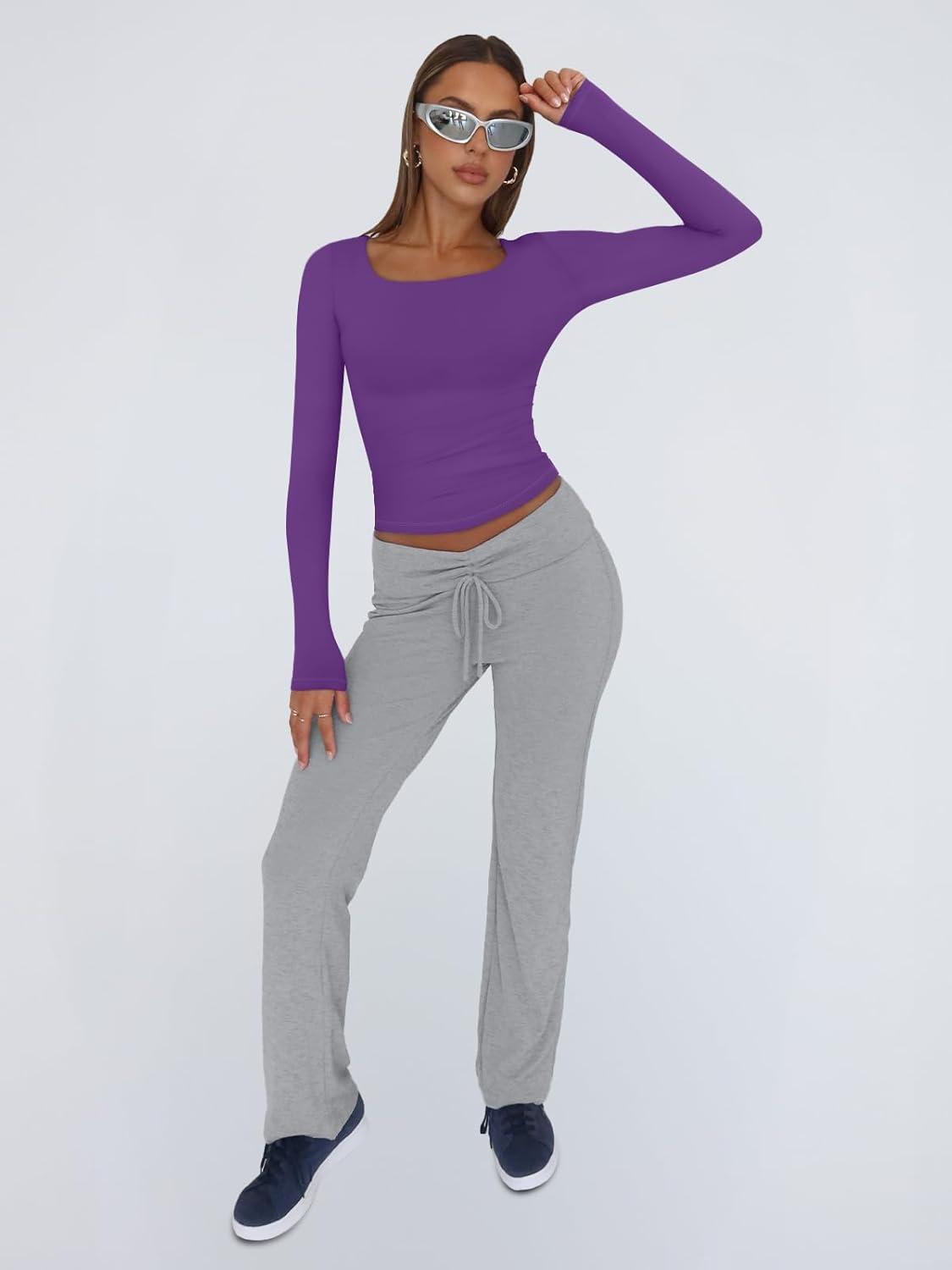 imageTrendy Queen Womens Long Sleeve Shirts Crop Tops Fall Fashion 2025 Square Neck Going Out Basics Tees Y2k ClothesPurple