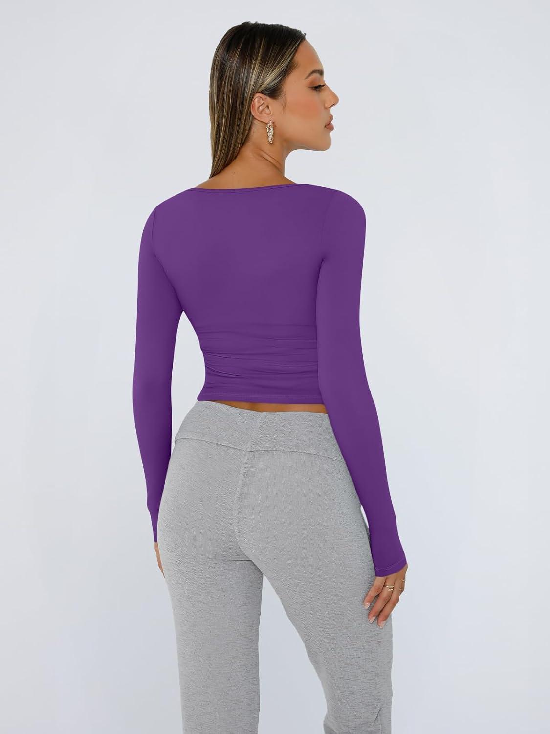 imageTrendy Queen Womens Long Sleeve Shirts Crop Tops Fall Fashion 2025 Square Neck Going Out Basics Tees Y2k ClothesPurple