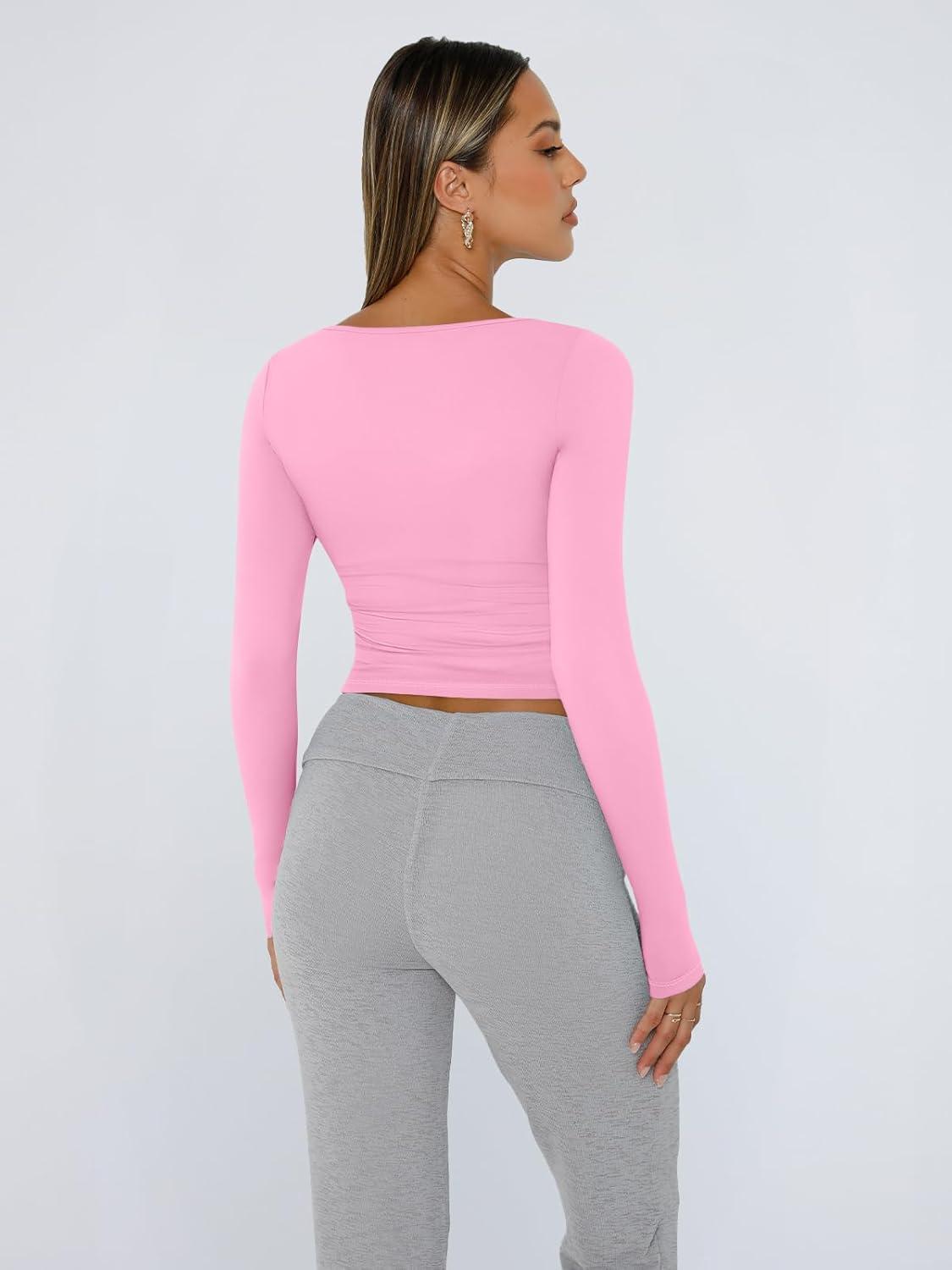 imageTrendy Queen Womens Long Sleeve Shirts Crop Tops Fall Fashion 2025 Square Neck Going Out Basics Tees Y2k ClothesRose Pink