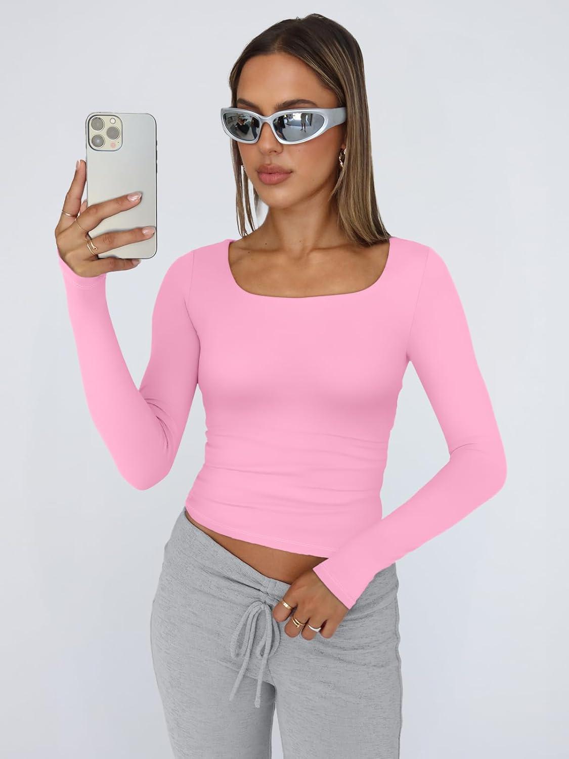 imageTrendy Queen Womens Long Sleeve Shirts Crop Tops Fall Fashion 2025 Square Neck Going Out Basics Tees Y2k ClothesRose Pink