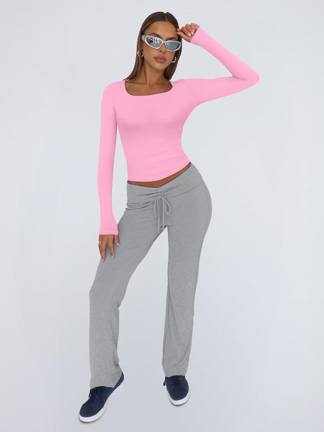 imageTrendy Queen Womens Long Sleeve Shirts Crop Tops Fall Fashion 2025 Square Neck Going Out Basics Tees Y2k ClothesRose Pink