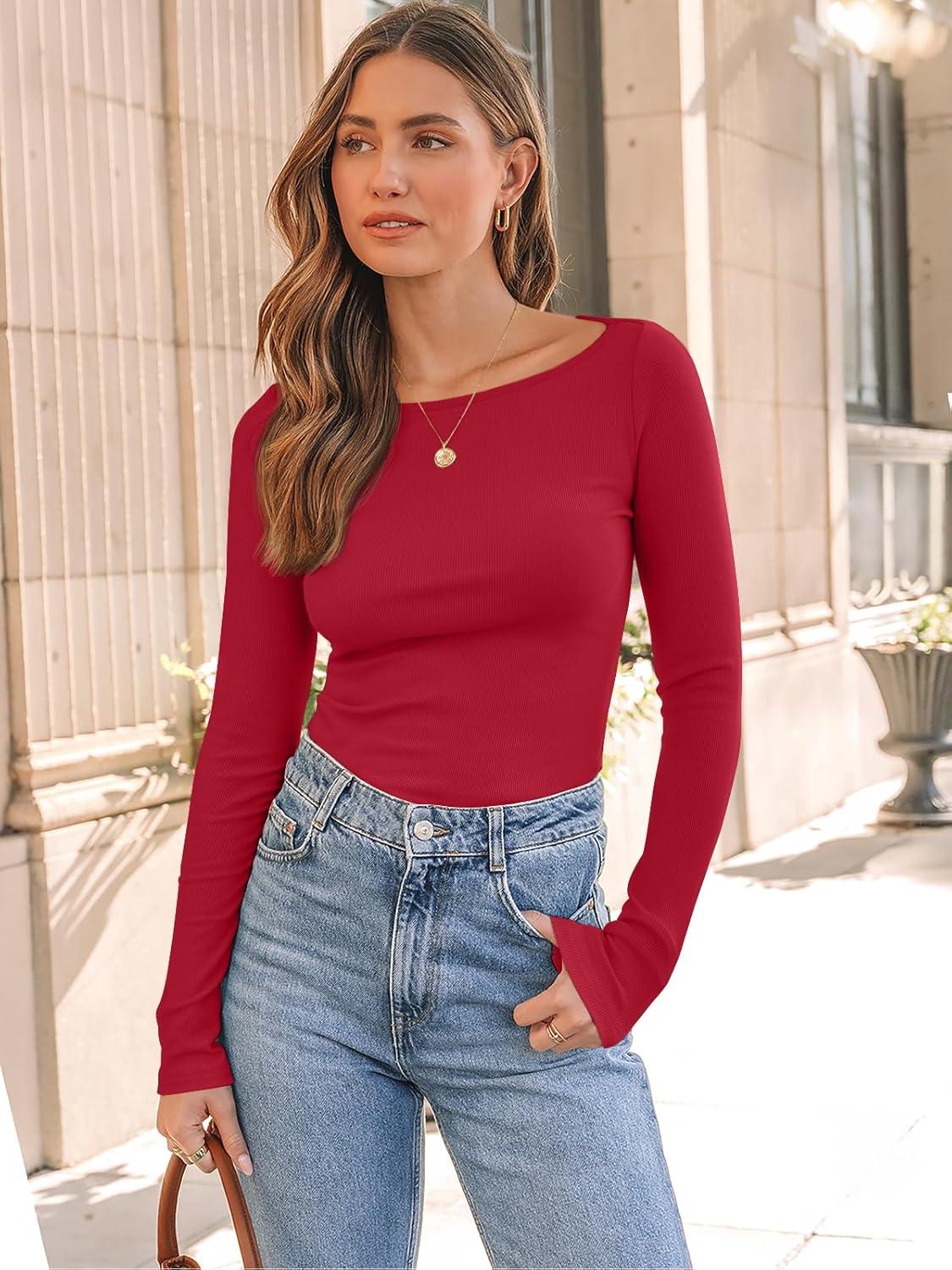 imageTrendy Queen Womens Long Sleeve Shirts Ribbed Underscrub Tops Boat Neck Basic Tees Fall Fashion Clothes 2025Red