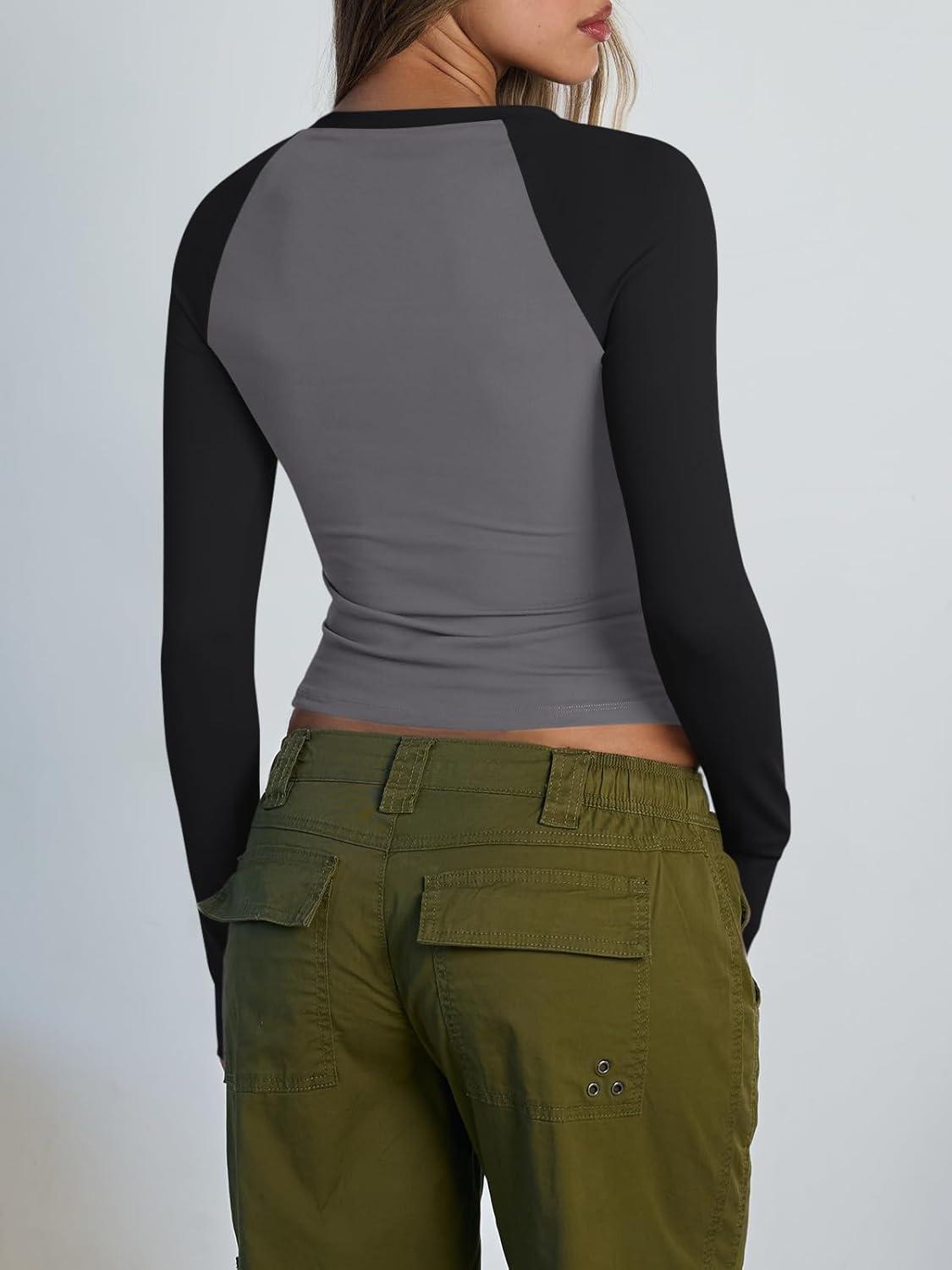 imageTrendy Queen Womens Long Sleeve Shirts Slim Fit Stretchy Color Block Slightly Cropped TopsGrey Black Combo