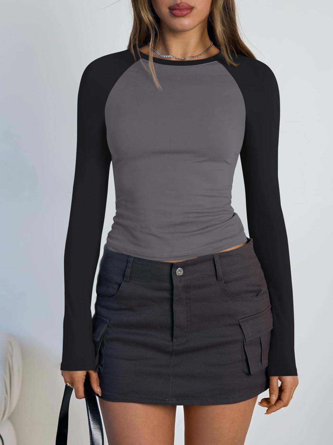 imageTrendy Queen Womens Long Sleeve Shirts Slim Fit Stretchy Color Block Slightly Cropped TopsGrey Black Combo