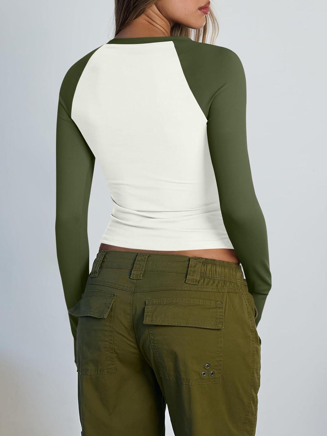 imageTrendy Queen Womens Long Sleeve Shirts Slim Fit Stretchy Color Block Slightly Cropped TopsWhite Green Combo